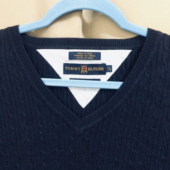 Tommy Hilfiger Mens Cable Vest V-neck Navy Pima Cotton Size Large - Picture 3 of 3